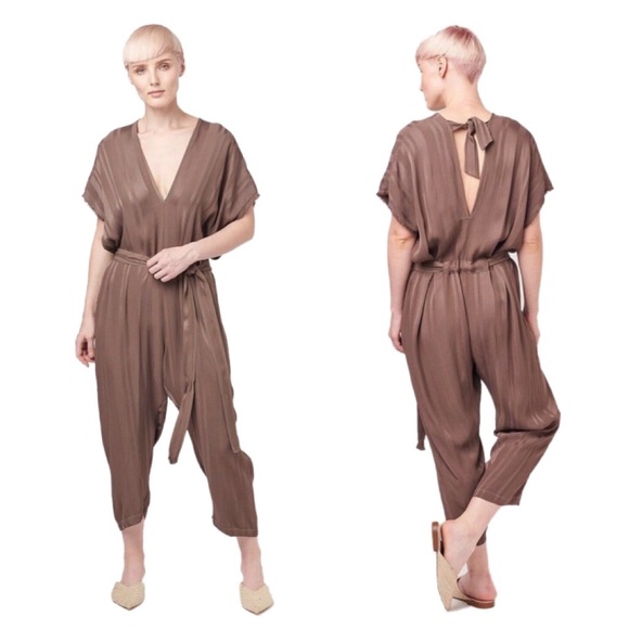 Anthropologie Pants - ANTHROPOLOGIE Tina + Jo Stripe Tan Satin Jumpsuit